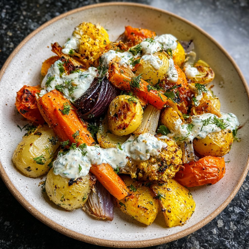 Abendessen mit Ofengemüse und Kräuterquark